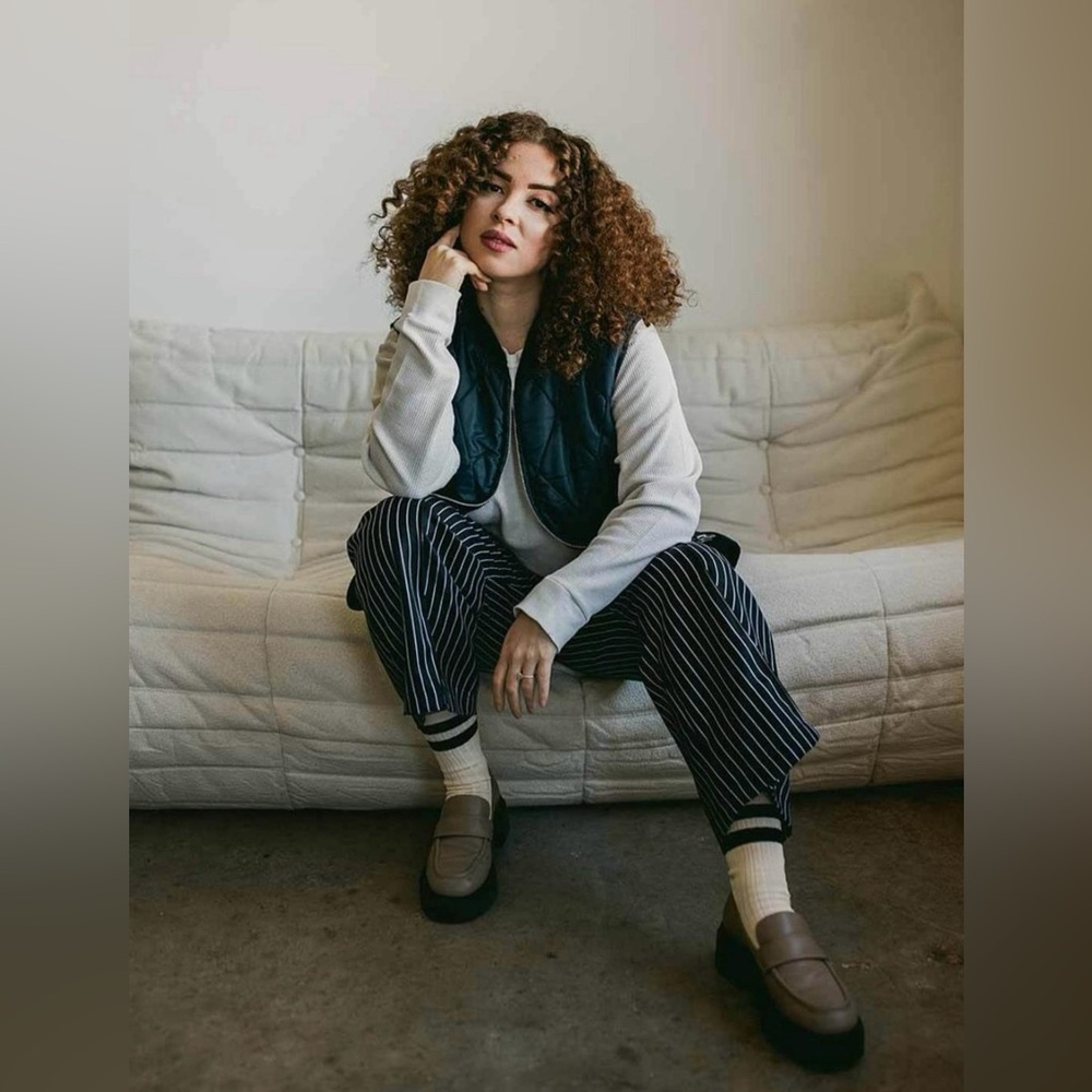 B&W pinstripe wide leg pants Nettle’s tale Bay pant